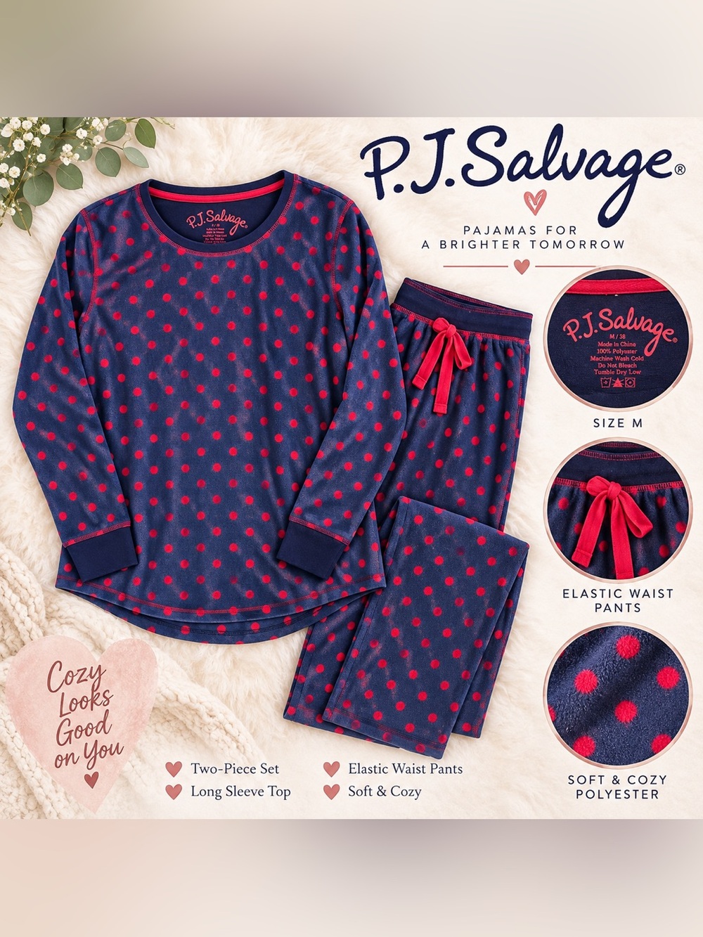 P.J. Salvage Navy and Red Polka Dot Pajama Set Medium